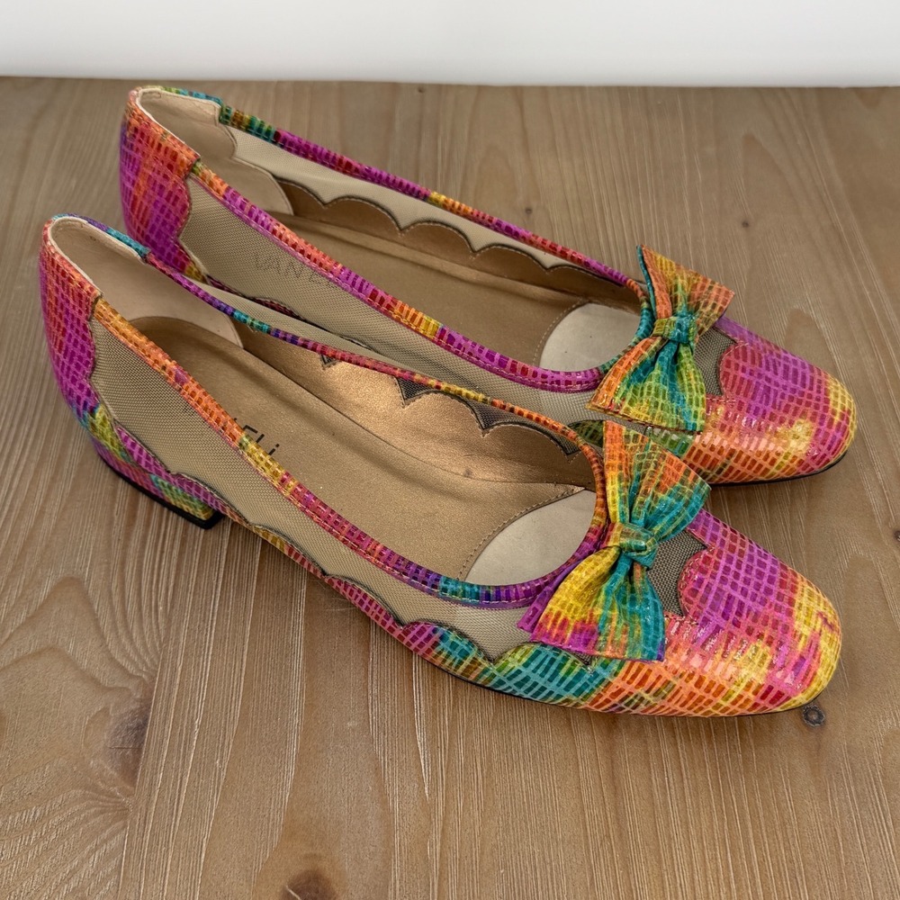 Vaneli Womens 9N Rainbow Snakeskin Print Leather Mesh Bow Flats Pumps‎ Dopamine